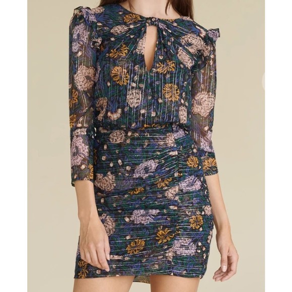 Veronica Beard Women's Peppa Floral Metallic Silk Ruched Mini Dress Size10 NWOT - Picture 2 of 7